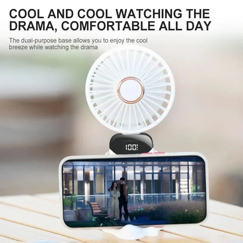 Handheld Mini Fan Foldable Portable Neck Hanging Fans 5 Speed USB Rechargeable Fan with Phone Stand and Display Screen 1800mAh