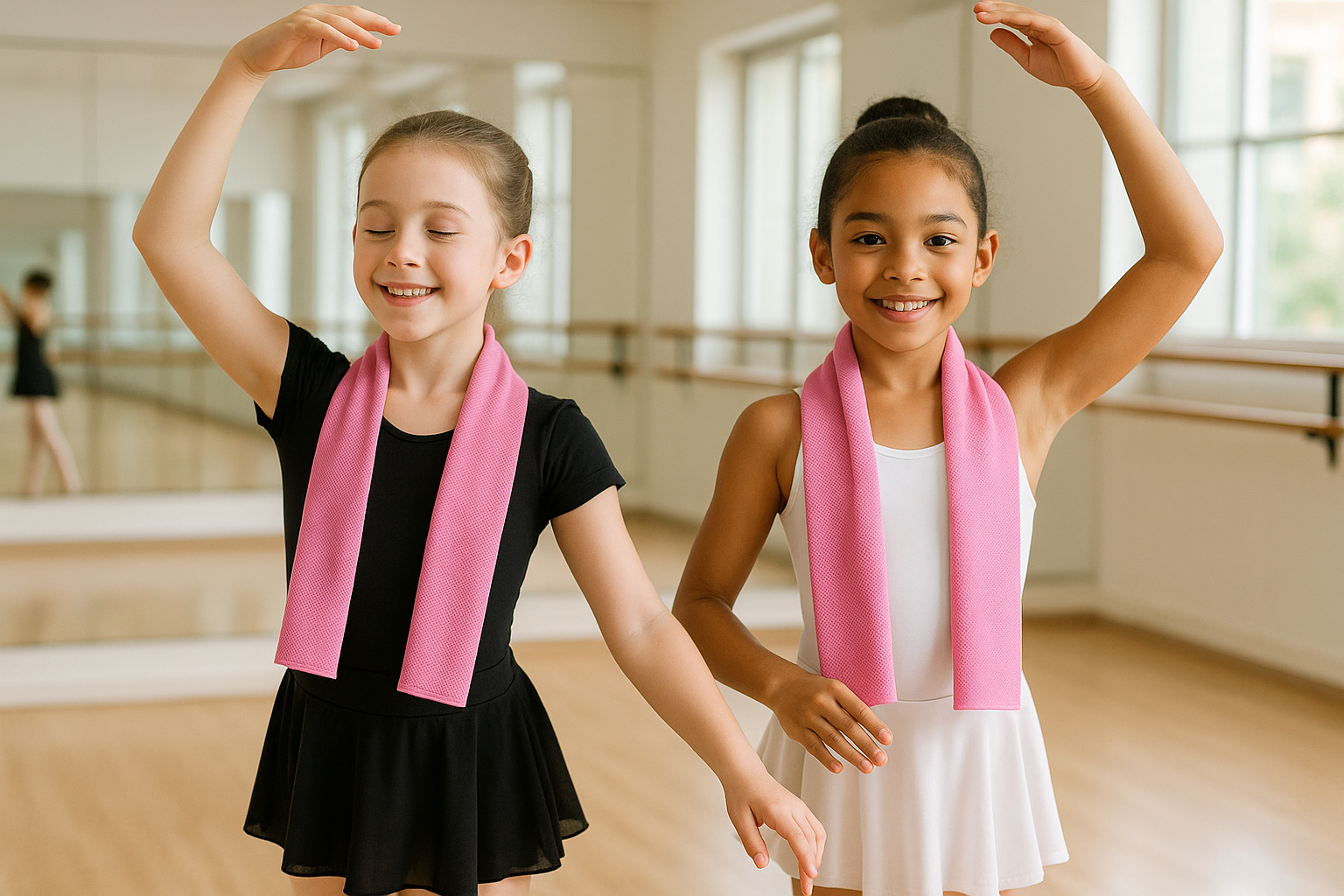 two young girls in dance class, wearing pink cooling towel around neck