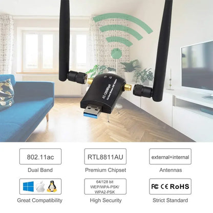 Wireless USB WiFi Adapter 1200Mbps Dual Band 2.4GHz/300Mbps 5GHz/867Mbps High Gain Dual 5dBi Antennas Network WiFi USB 3.0