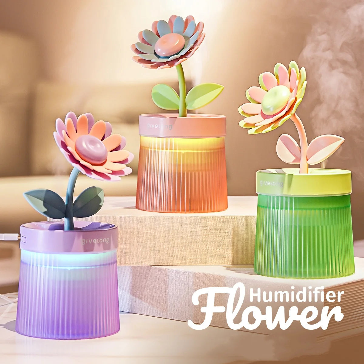 2024 Humidifier Portable USB Ultrasonic Colorful Cup Aroma Diffuser Cool Mist Maker Flower Air Humidifier Purifier With Light