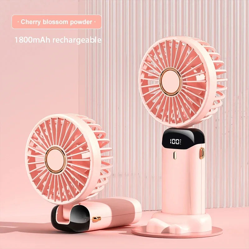 Handheld Mini Fan Foldable Portable Neck Hanging Fans 5 Speed USB Rechargeable Fan with Phone Stand and Display Screen 1800mAh