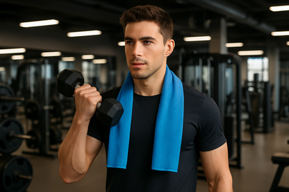 young man in the gym with a cooling towel around his neck